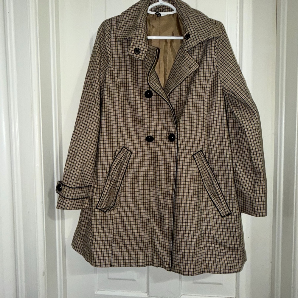 H&M Checkered Double-Breasted wool blend Trench‎ Coat Womens size 12 winter